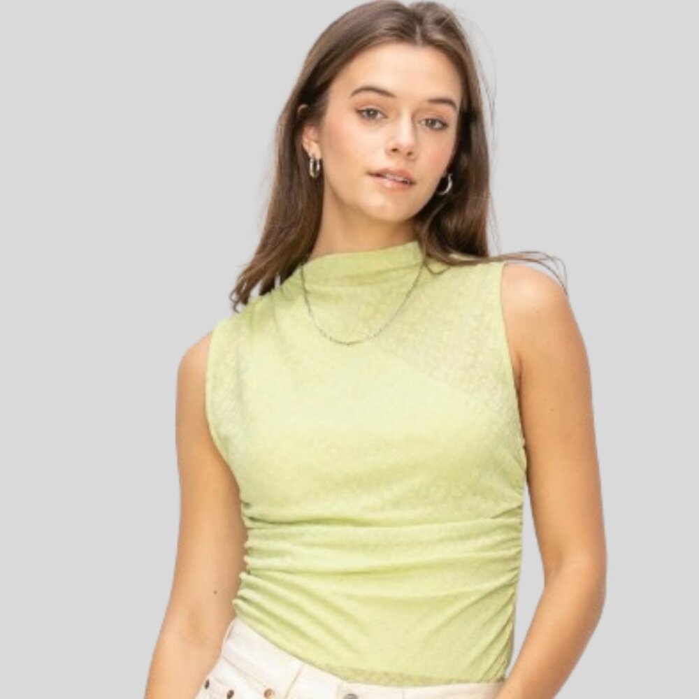 Floral Lace Stretchy Side Ruched Tank Tops - Color Lemon Green